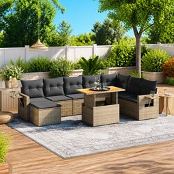 9-Piece Grey Poly Rattan Outdoor Sofa Set with Cushions