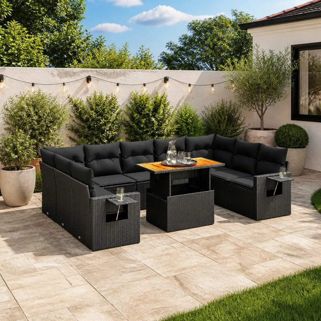 10 Piece Black Garden Sofa Set for Outdoor Use