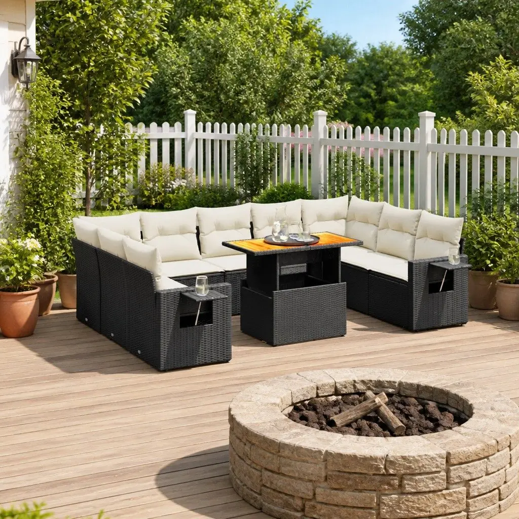 Garden Sofa Set 10 Piece Outdoor Furniture Black Poly Rattan Modular Patio