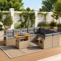 Beige Poly Rattan 10 Piece Garden Sofa Set for Outdoors