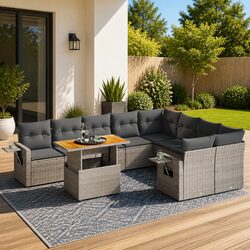 10-Piece Grey Poly Rattan Garden Sofa Set for Outdoor