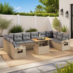 Modular 11-Piece Patio Sofa Set in Beige Poly Rattan