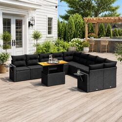 Durable 11 Piece Black Rattan Garden Sofa Set with Cushions