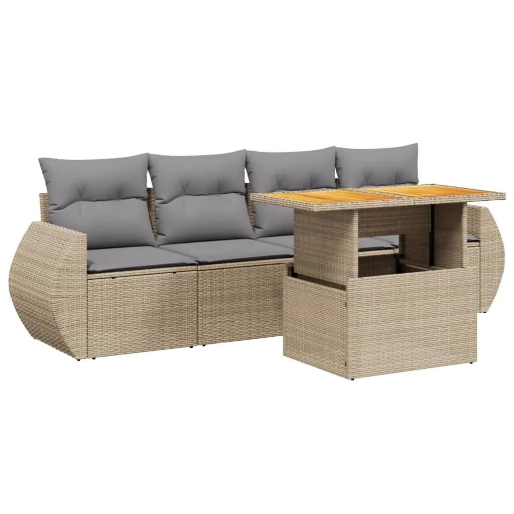 5 Piece Beige Poly Rattan Garden Sofa Set with Adjustable Table