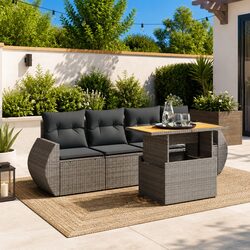 5 Piece Outdoor Garden Sofa Set with Cushions - Grey Poly Rattan