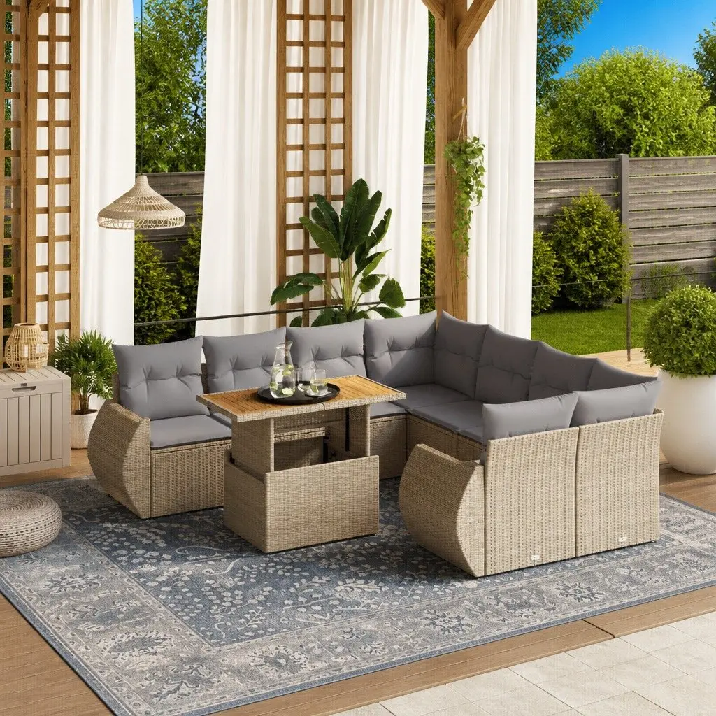 9 Piece Outdoor Garden Sofa Set PE Rattan Beige Modular Furniture with Cushions