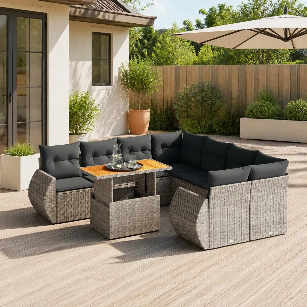 9-Piece Grey Poly Rattan Garden Sofa Set with Cushions