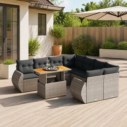 9-Piece Grey Poly Rattan Garden Sofa Set with Cushions