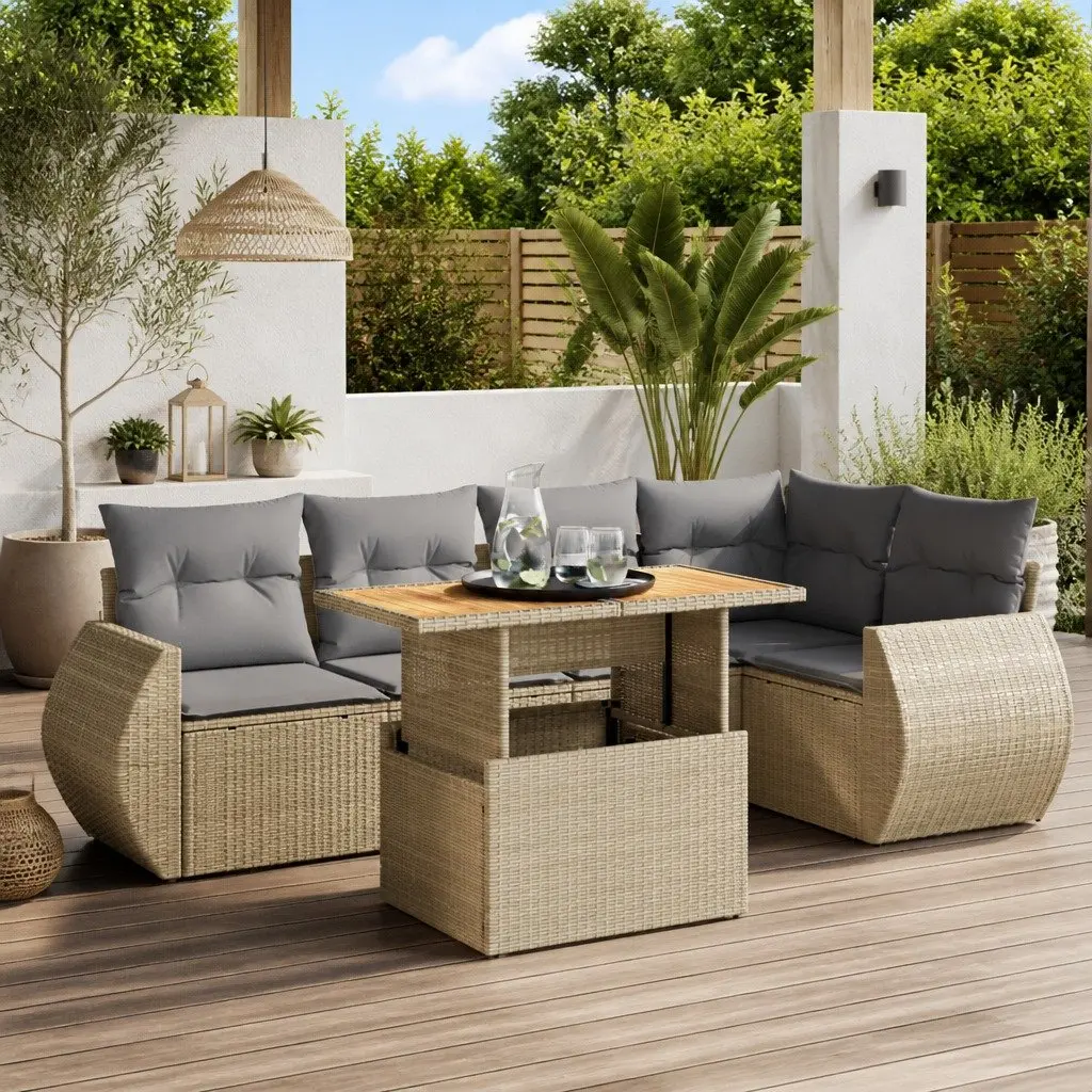 Garden Sofa Set PE Rattan 6 Piece Beige Outdoor Furniture with Cushions