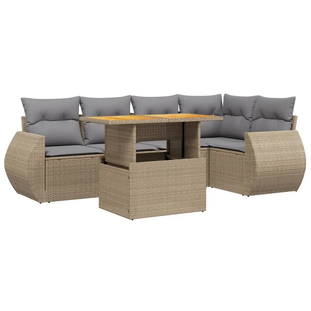 Garden Sofa Set PE Rattan 6 Piece Beige Outdoor Furniture with Cushions