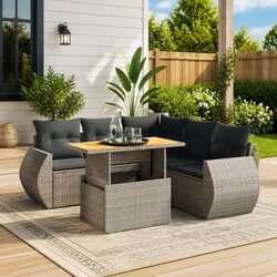 6-Piece Grey Rattan Garden Sofa Set with Cushions