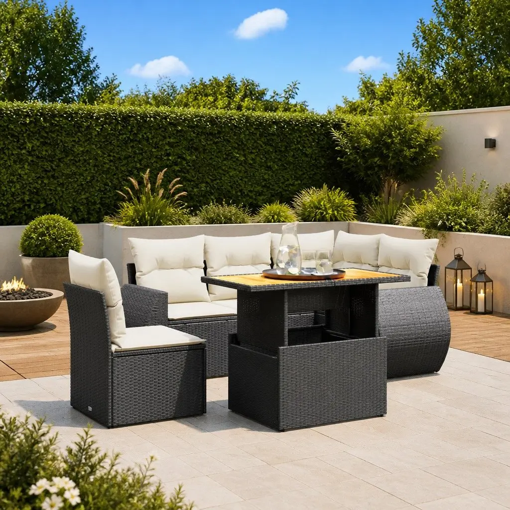 6 Piece Garden Sofa Set Black Poly Rattan
