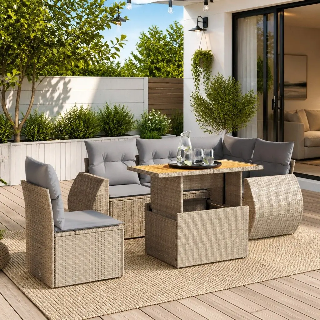 6 Piece Garden Sofa Set PE Rattan Beige Modular Outdoor Furniture with Cushions