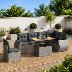7 Piece Outdoor Grey Poly Rattan Sofa Set with Cushions