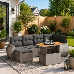 Durable 7 Piece Grey PE Rattan Garden Sofa Set