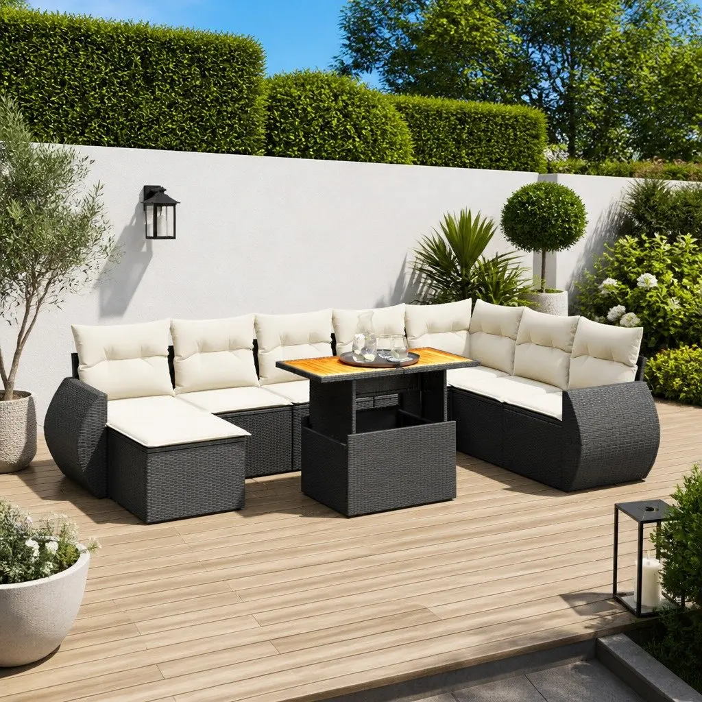 9-Piece Black Poly Rattan Garden Sofa Set