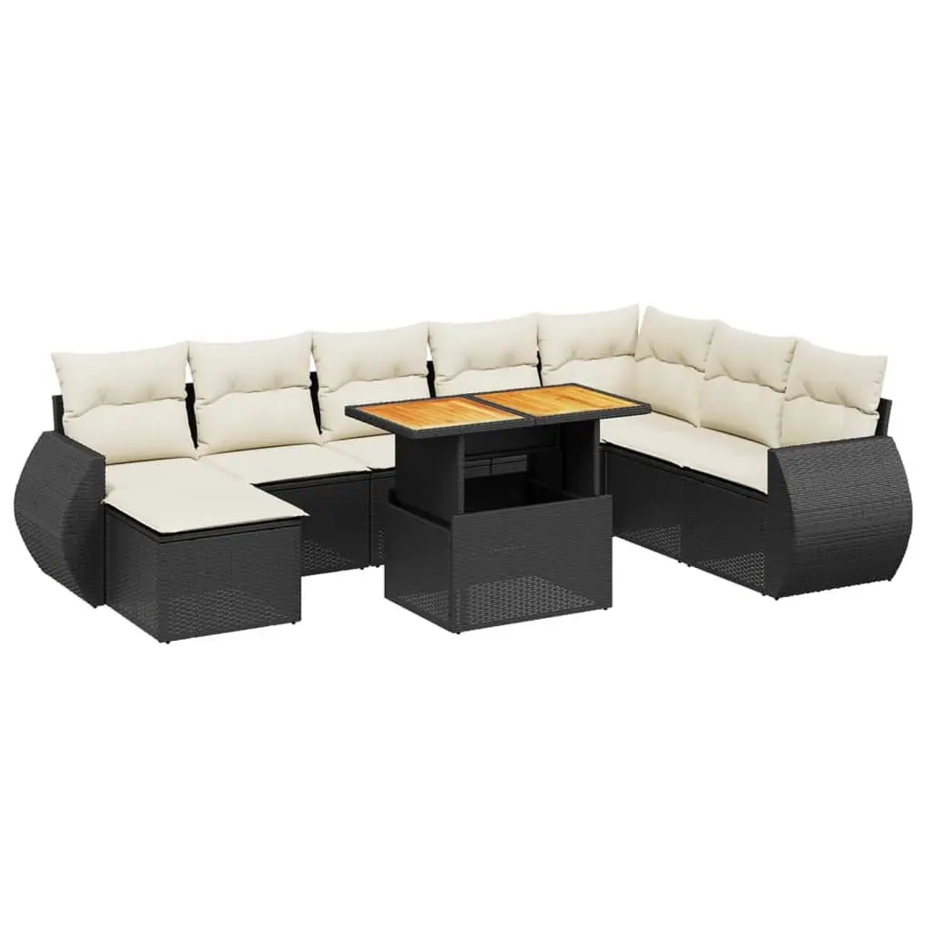 9-Piece Black Poly Rattan Garden Sofa Set