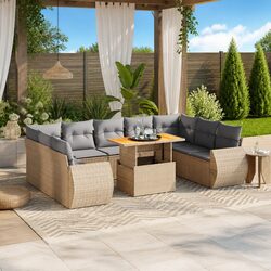 10-Piece Beige Poly Rattan Garden Sofa Set for Outdoor Use