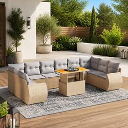 Beige Poly Rattan 11 Piece Garden Sofa Set