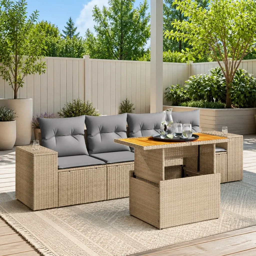 5 Piece Garden Sofa Set PE Rattan Beige with Cushions