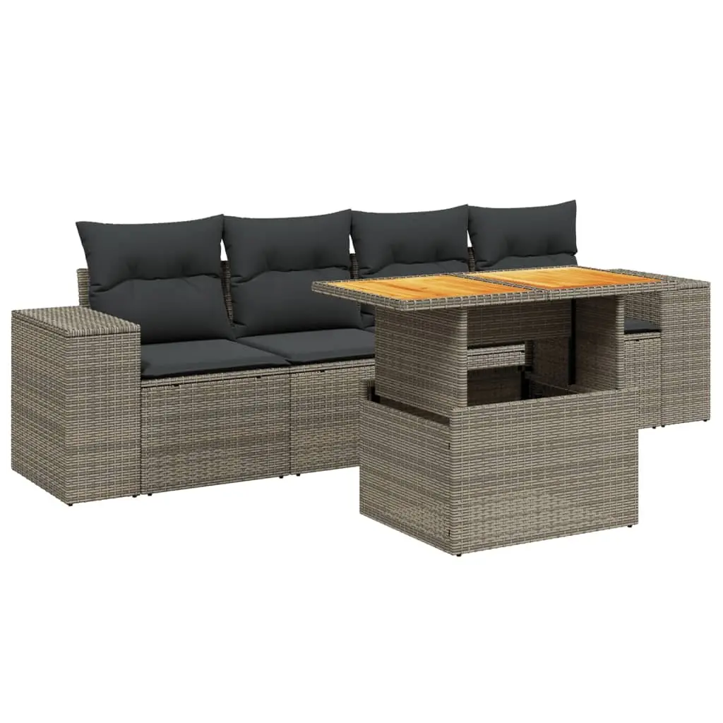 5 Piece Garden Sofa Set PE Rattan Grey Outdoor Furniture with Cushions