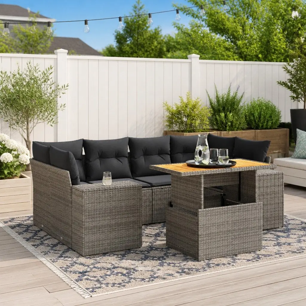 7 Piece Garden Sofa Set PE Rattan Grey Outdoor Furniture with Cushions