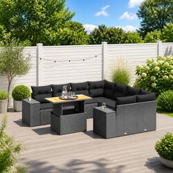 9 Piece Black Poly Rattan Garden Sofa Set with Cushions