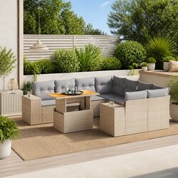 Beige Poly Rattan 9 Piece Outdoor Garden Sofa Set