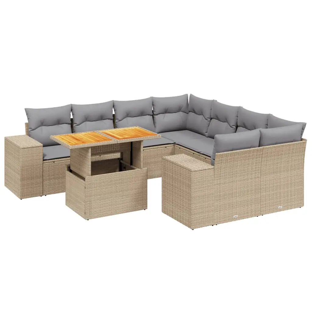 9 Piece Outdoor Garden Sofa Set PE Rattan Beige Modular Patio Furniture with Cushions