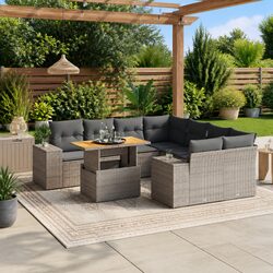 Grey Poly Rattan 9 Piece Garden Sofa Set with Cushions