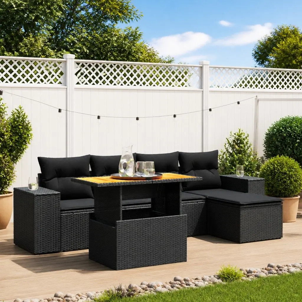 6-Piece Modular Black Poly Rattan Garden Sofa Set