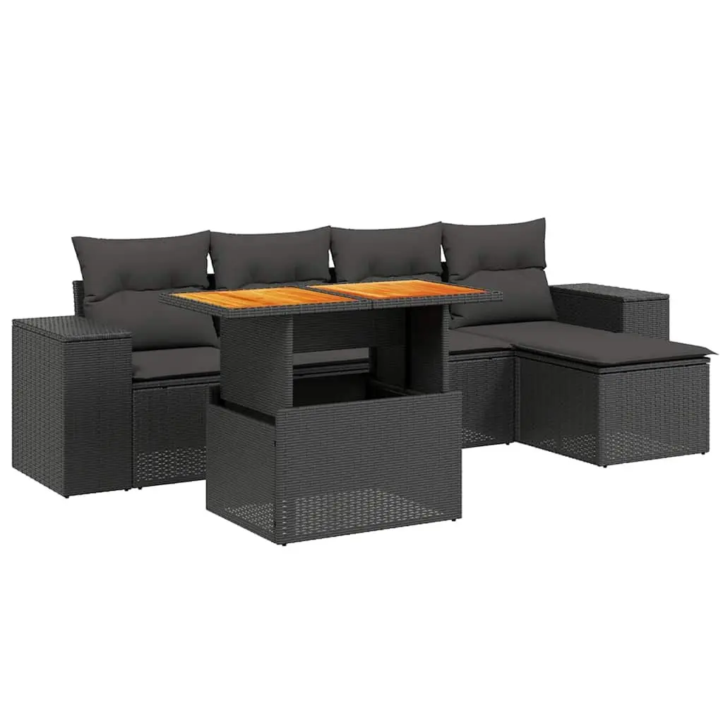 6-Piece Modular Black Poly Rattan Garden Sofa Set