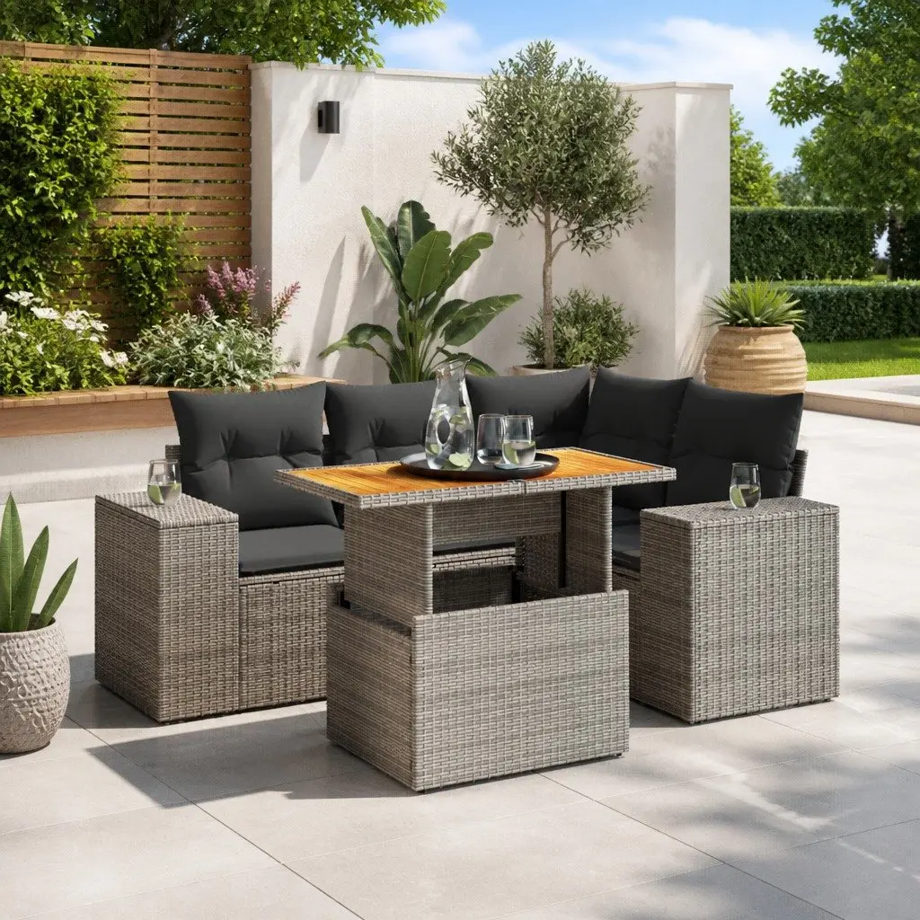 5 Piece Garden Sofa Set PE Rattan Adjustable Dining Table Grey