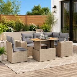 Stylish 6-Piece Beige Rattan Garden Sofa Set with Cushions
