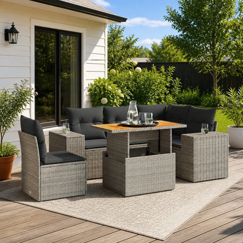 Garden Sofa Set PE Rattan 6 Piece Modular Outdoor Furniture with Cushions Grey
