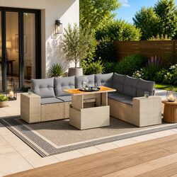 7 Piece Outdoor Garden Sofa Set in Beige Poly Rattan