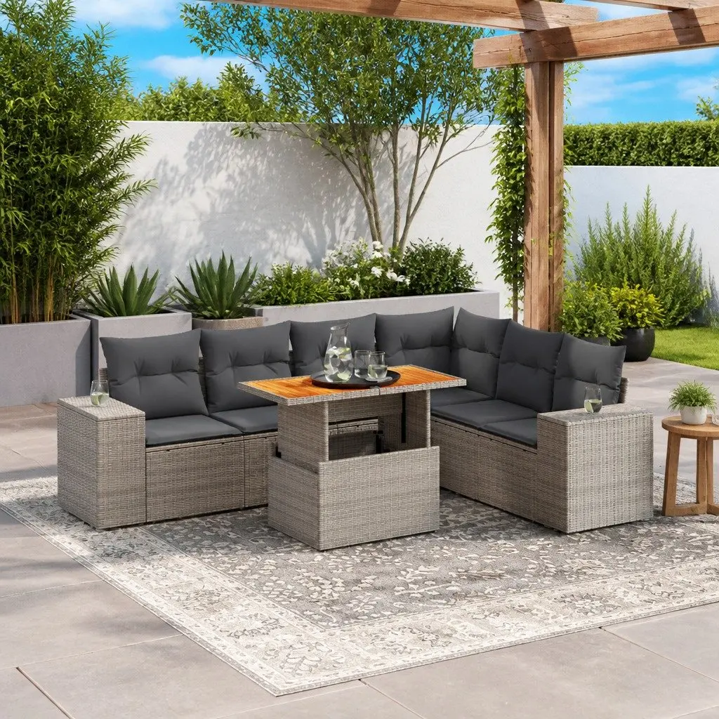 7 Piece Grey Garden Sofa Set with Adjustable Table