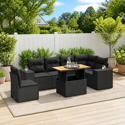 7-Piece Black Poly Rattan Outdoor Sofa Set