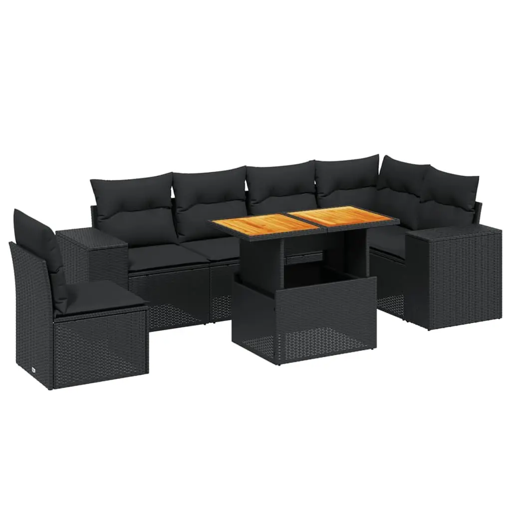 7-Piece Black Poly Rattan Outdoor Sofa Set