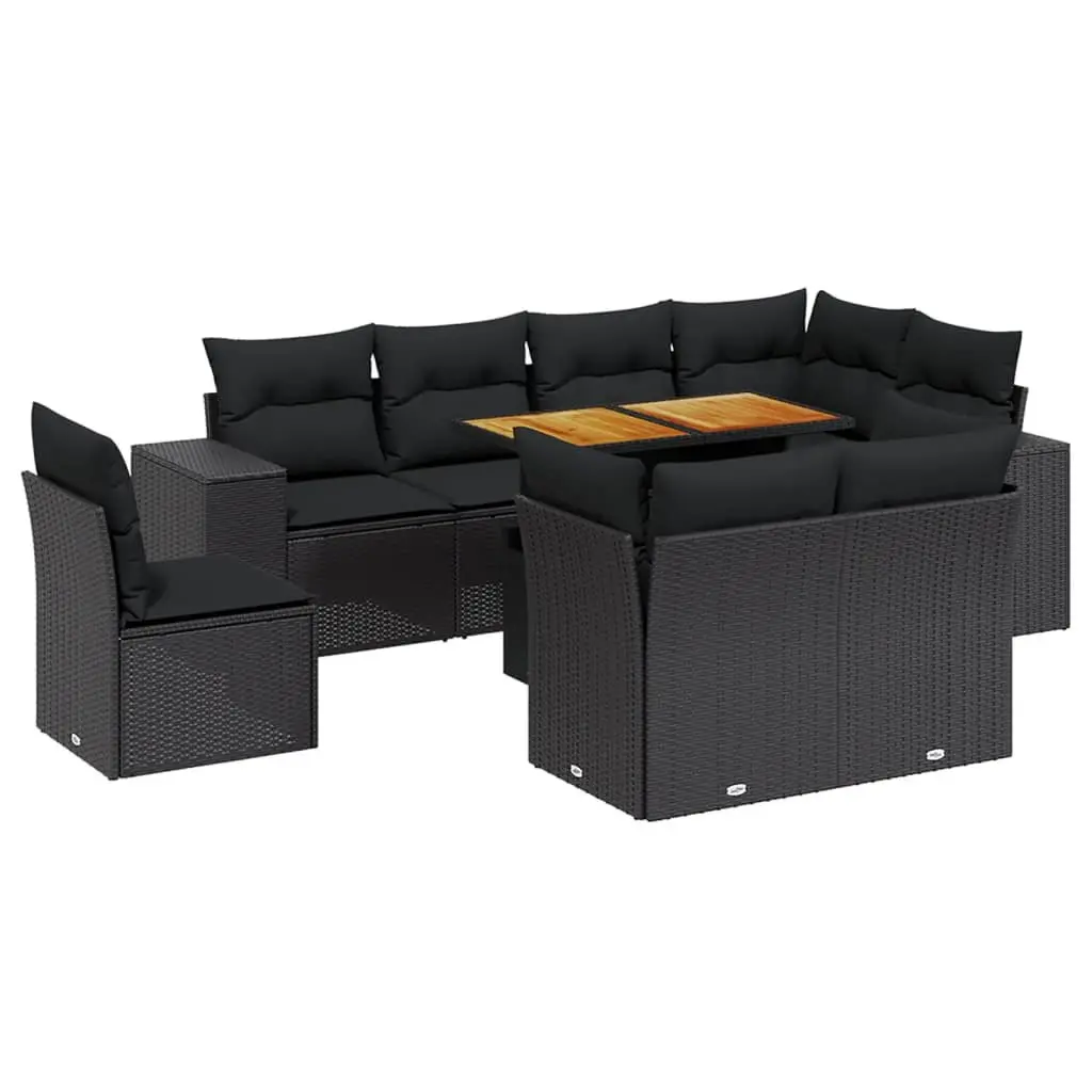 9 Piece Garden Sofa Set PE Rattan Black with Cushions