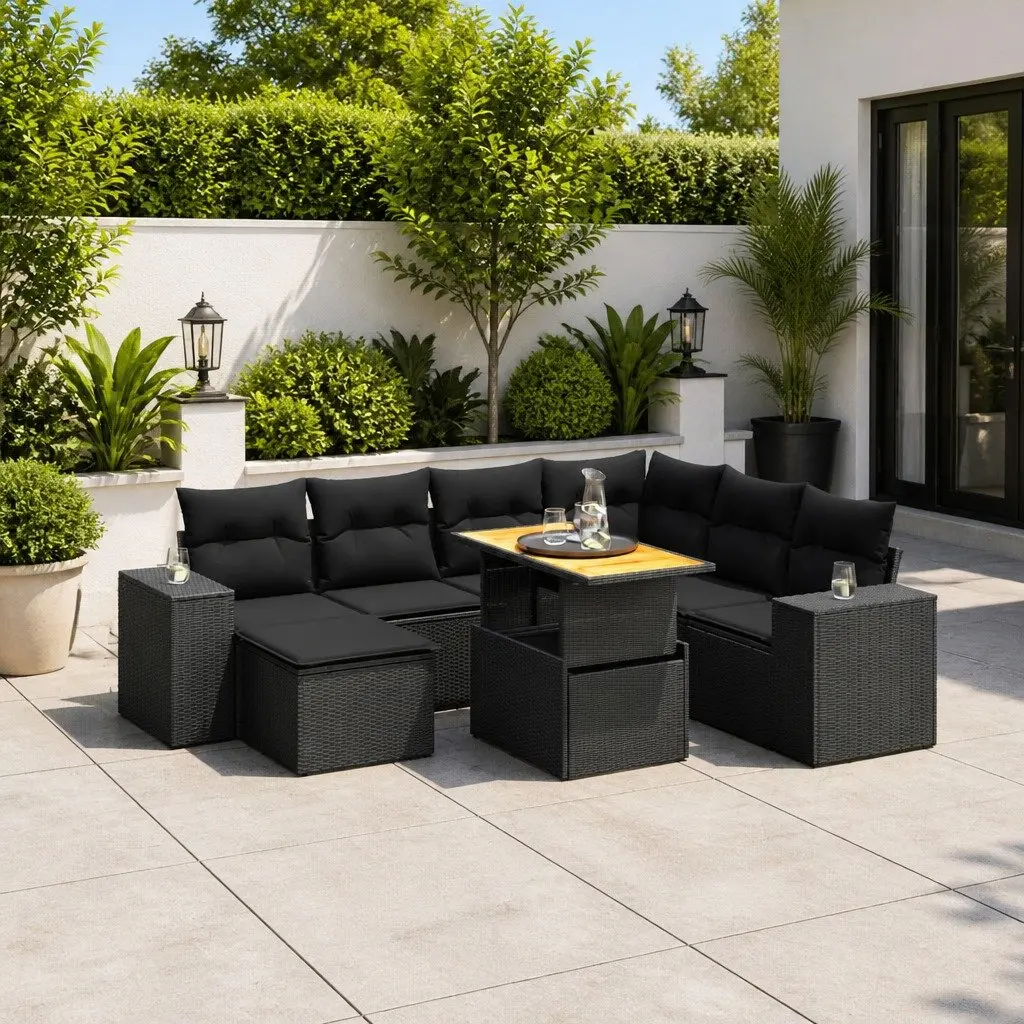 Garden Sofa Set PE Rattan 8 Piece Black Outdoor Furniture Patio Cushions