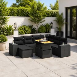 Durable 8-Piece Black Poly Rattan Garden Sofa Set