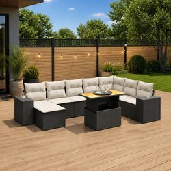 Durable 9-Piece Black Garden Sofa Set with Cushions