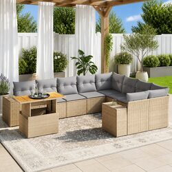 10 Piece Beige Poly Rattan Garden Sofa Set for Outdoors