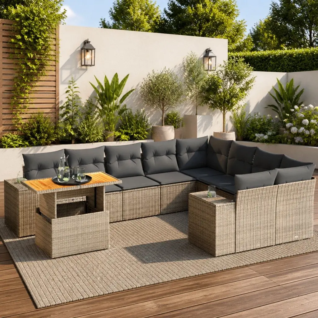Garden Sofa Set PE Rattan 10 Piece Outdoor Furniture Grey with Cushions