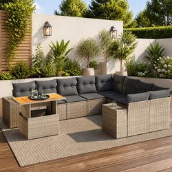 Outdoor Grey Poly Rattan 10-Piece Garden Sofa Set