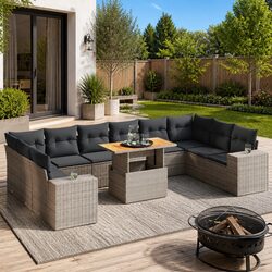 11-Piece Grey Poly Rattan Garden Sofa Set for Outdoors