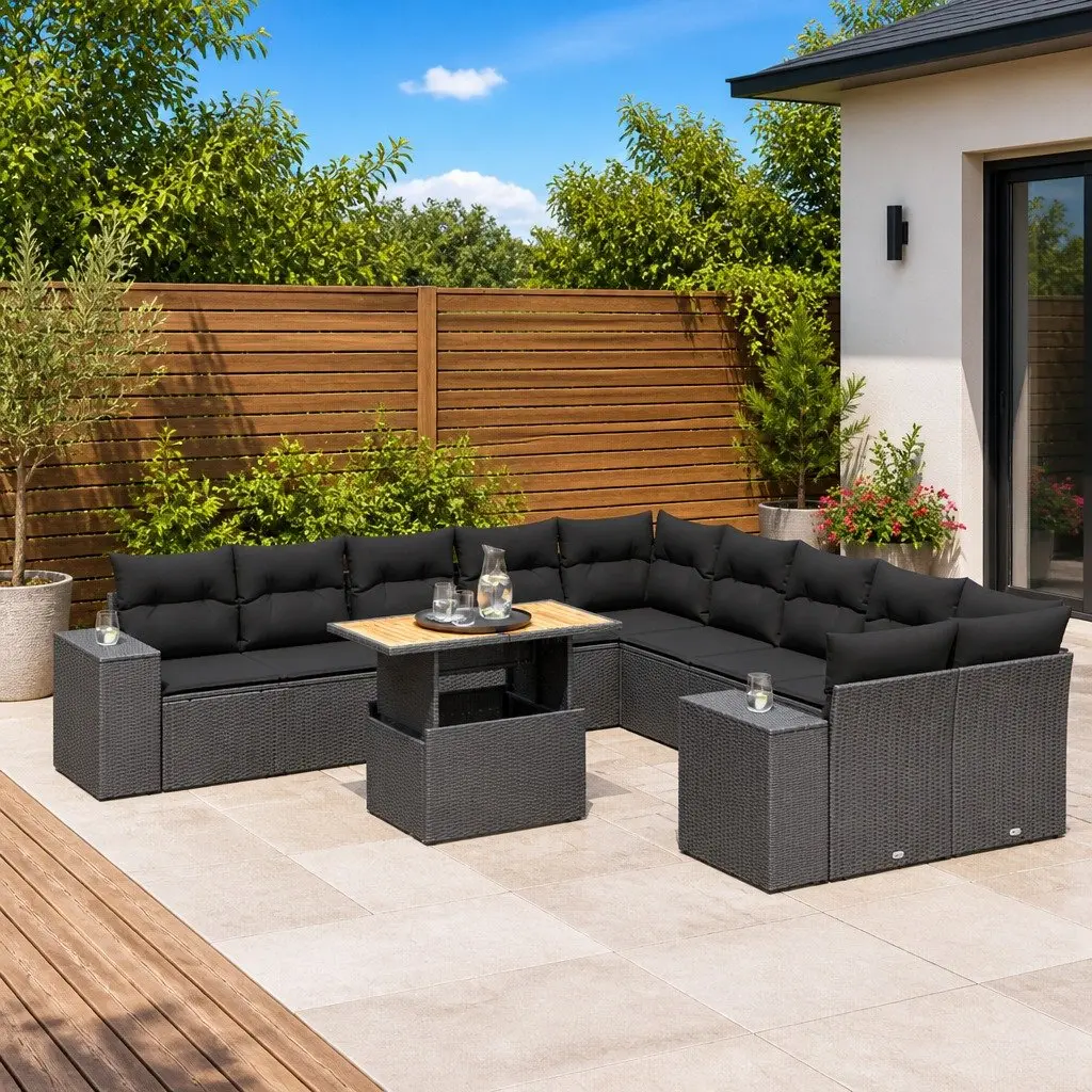 11-Piece Black Poly Rattan Garden Sofa Set