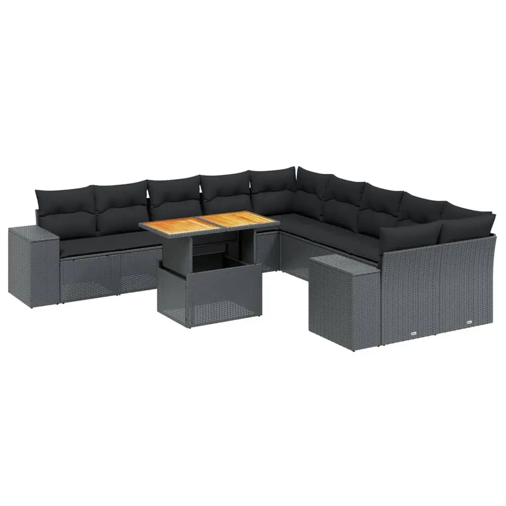 11-Piece Black Poly Rattan Garden Sofa Set