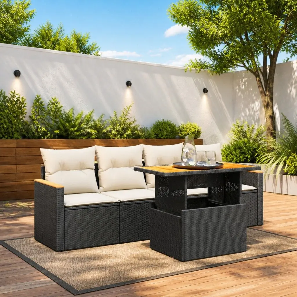 Modular 5-Piece Black Poly Rattan Garden Sofa Set